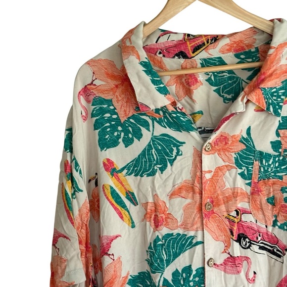 Hawaiian Mens Shirt KS Island flamingo Green Orange Floral Short Sleeve 4X - Picture 4 of 13